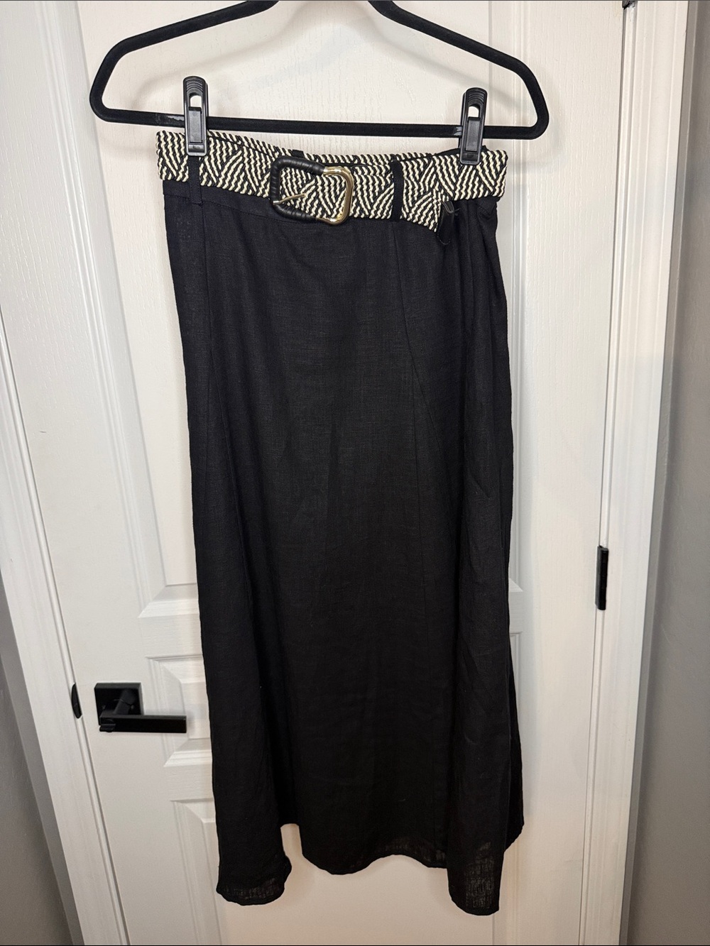 Zara Black Midi Skirt with Woven Ivory-Black Belt